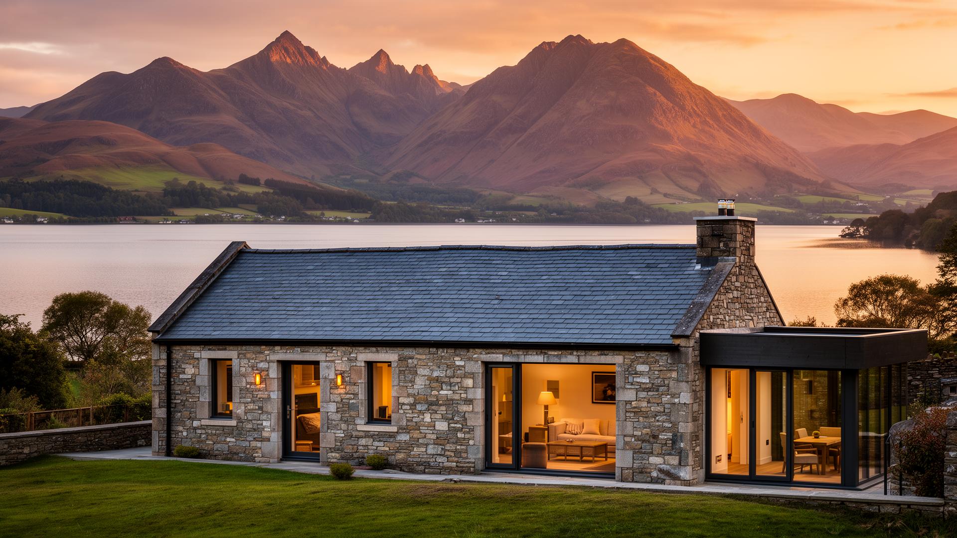 Lake District fells and a traditional Lakeland stone cottage
