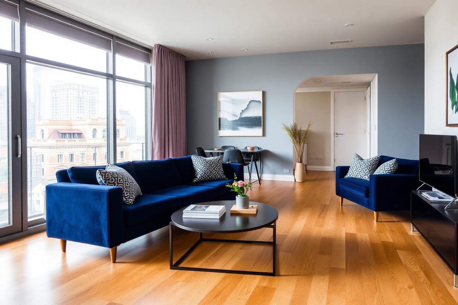 Furnished Liverpool city-centre serviced apartment living room with navy sofa and city view